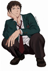 Rule 34 | 1boy, artist name, blazer, brown pants, brown shoes, collared shirt, commentary request, green jacket, hand on own cheek, hand on own face, jacket, kaikaikai 1211, kita high school uniform, kyon, loafers, long sleeves, looking at viewer, male focus, necktie, open clothes, open jacket, pants, red necktie, school emblem, school uniform, shirt, shoes, simple background, solo, squatting, suzumiya haruhi no yuuutsu, twitter username, watermark, white background, white shirt, winter uniform