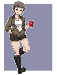 1girl black_boots black_collar blush boots breasts brown_eyes brown_hair brown_jacket brown_shorts can cleavage coca-cola collar collared_shirt drink_can freckles girls_und_panzer grey_background grey_socks hand_in_pocket holding holding_can jacket kneehighs large_breasts naomi_(girls_und_panzer) open_clothes open_jacket partially_unzipped purple_background shirt short_hair short_shorts shorts simple_background smile socks soda_can standing standing_on_one_leg takahashi_kurage tomboy very_short_hair white_shirt white_undershirt zipper