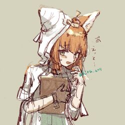 Rule 34 | 1girl, ahoge, animal ear fluff, animal ears, arknights, artist name, blush, book, brown gloves, cat ears, gloves, green eyes, holding, holding book, hood, hood up, long hair, looking at viewer, niwatori (akira 207), orange hair, papyrus (arknights), simple background, single glove, solo, translation request, upper body, yellow background