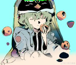 1other androgynous black_hat black_shirt blue_background blue_jacket buttons chinese_commentary closed_eyes closed_mouth colored_eyelashes commentary_request corallo cropped_torso expressionless eye_of_senri food food_request glitch green_hair green_veil hair_between_eyes hat highres holding holding_food hood hood_down hooded_jacket jacket len&#039;en light_frown long_sleeves open_clothes open_jacket other_focus penguin_hat shirt shitodo_aoji short_hair solo veil watermark weibo_watermark wide_sleeves zipper