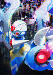 1boy armor black_background blue_armor blue_helmet chest_jewel copy_x_(mega_man) forehead_jewel halo helmet male_focus mega_man_(series) mega_man_zero_(series) mega_man_zero_1 red_eyes solo twitter_username yamanashi_taiki