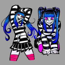 1girl amemiya_darumi black_bow black_hair black_skirt blue_hair bow cbts004 heart highres kneeling long_sleeves looking_at_viewer multicolored_hair multiple_views open_mouth piercing pink_eyes pink_thighhighs pleated_skirt shirt skirt smile striped_clothes striped_shirt teeth the_hundred_line_-last_defense_academy- thighhighs twintails upper_body