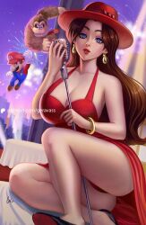 Rule 34 | 1girl, 2boys, ass, bare shoulders, bracelet, breasts, brown fur, brown hair, building, dawn, donkey kong, donkey kong (series), dress, earrings, facial hair, fighting, geravass, gorilla, hat, jewelry, large breasts, mario, mario (series), microphone, multiple boys, mustache, necktie, nintendo, overalls, pauline (mario), rivalry, shoes, sleeveless, super mario odyssey, table, tablecloth, thong