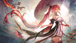 1girl absurdres bare_shoulders black_bow black_collar black_jacket black_sleeves black_thighhighs body_markings bow braid breasts bug butterfly changli_(wuthering_waves) collar colored_extremities commentary_request cowboy_shot detached_sleeves dress feather_hair hair_bow hair_extensions hair_intakes hair_ornament highres holding holding_umbrella insect jacket kjudraw large_breasts long_hair looking_at_viewer multicolored_hair oil-paper_umbrella parted_lips pink_hair red_butterfly red_hands ring_hair_extensions short_sleeves smile solo tacet_mark_(wuthering_waves) thigh_strap thighhighs thighs twin_braids two-tone_hair umbrella very_long_hair white_dress white_hair white_umbrella wuthering_waves yellow_eyes