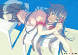 1girl artist_name bakemonogatari black_eyes black_hair black_skirt black_thighhighs closed_mouth collared_shirt desk end_card long_hair looking_at_viewer lying miniskirt monogatari_(series) naoetsu_high_school_uniform official_art on_desk on_side pleated_skirt purple_shirt red_trim school_uniform senjougahara_hitagi shadow shirt short_sleeves sitting skirt sleeve_cuffs solo thighhighs third-party_source vofan zettai_ryouiki