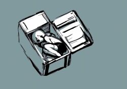 1girl blue_background braid braided_ponytail closed_mouth commentary ek-zu expressionless in_container in_refrigerator jacket long_hair long_sleeves looking_at_viewer lying on_side patterned_background refrigerator sekka_yufu skirt solo thighhighs utau
