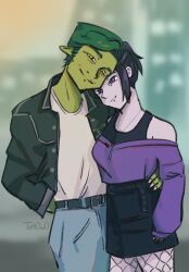 1boy 1girl beast_boy_(dc) colored_skin couple dc_comics fishnets green_hair green_skin happy highres hug jacket pointy_ears purple_eyes purple_hair raven_(dc) smile teen_titans yellow_eyes