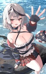 1girl absurdres black_choker black_gloves black_hair black_jacket blush breasts camisole choker cleavage fang fingerless_gloves gloves grey_hair hair_ornament highres hololive jacket large_breasts mask medium_hair mimiquilike multicolored_hair open_clothes open_jacket orca red_eyes red_skirt sakamata_chloe sakamata_chloe_(1st_costume) skin_fang skirt solo streaked_hair unworn_mask virtual_youtuber water white_camisole x_hair_ornament