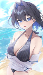 Rule 34 | 1girl, :d, absurdres, alternate costume, bikini, black bikini, blue eyes, blue hair, blue sky, breasts, cleavage, cloud, colored inner hair, commentary, day, fang, fanged bangs, hair between eyes, hair intakes, halterneck, highres, hololive, hololive english, jacket, large breasts, looking at viewer, multicolored hair, navel, off shoulder, open mouth, ouro kronii, outdoors, short hair, skin fang, sky, sleeves past wrists, smile, solo, striped bikini, striped clothes, swimsuit, symbol-only commentary, vertical-striped bikini, vertical-striped clothes, virtual youtuber, white jacket, yoellim5