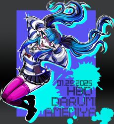 1girl amemiya_darumi black_border black_hair black_skirt blue_hair border character_name double_v face_piercing female_focus full_body gradient_border grey_border heart highres lip_piercing long_hair looking_at_viewer makeup multicolored_hair open_mouth piercing pink_eyes pink_thighhighs pleated_skirt safety_pin shirt skirt solo solo_focus striped_clothes striped_shirt the_hundred_line_-last_defense_academy- thighhighs tongue tongue_out v