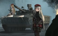 2girls absurdres ak-47 ak-47_(girls&#039;_frontline) ak-74m ak74m_(girls&#039;_frontline) akm armored_personnel_carrier armored_vehicle assault_rifle beret black_gloves black_thighhighs blonde_hair blue_eyes brown_shorts cloak combat_knife commission ear_protection expressionless fingerless_gloves fire fog girls&#039;_frontline gloves gun hat highres holding holding_gun holding_weapon kalashnikov_rifle knee_pads knife long_hair looking_at_viewer motor_vehicle multiple_girls outdoors ovvvgog13235 pouch purple_eyes red_skirt rifle sheath sheathed shorts single_knee_pad sitting skirt thighhighs vehicle_request weapon white_gloves white_hair