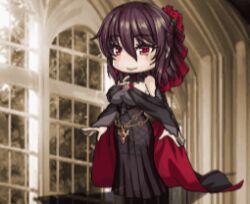 Rule 34 | 1girl, alternate costume, animated, animated gif, blush, bouncing breasts, breasts, brown hair, chibi, cleavage, dress, female focus, large breasts, lilith-soft, looking ahead, lowres, mizuki shiranui, navel, official alternate costume, red eyes, short hair, sideboob, smile, solo, taimanin (series), taimanin rpgx, taimanin yukikaze