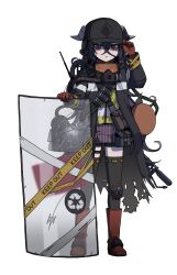 Rule 34 | 1girl, arrow (symbol), bag, bandolier, baseball cap, belt, beryl beru, black jacket, black shorts, black thighhighs, boots, caution tape, closed mouth, commission, cosplay, crossed bangs, ear protection, flamethrower, gas mask, girls&#039; frontline, gloves, hair between eyes, hand on headwear, hands up, hat, highres, horns, indie virtual youtuber, jacket, karepack, keep out, knee pads, looking at viewer, mask, mask around neck, pink sweater, purple eyes, purple hair, recycling symbol, red boots, red gloves, respirator, riot shield, satchel, shield, shorts, solo, sweater, thighhighs, vector (girls&#039; frontline), vector (girls&#039; frontline) (cosplay), vector (hellfire) (girls&#039; frontline), vest, virtual youtuber, weapon, yellow vest