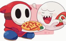 Rule 34 | 1boy, blue boots, blush stickers, boo (mario), boots, closed eyes, food, ghost, holding, holding plate, ketchup bottle, male focus, mario (series), mofupoyo, nintendo, omelet, plate, red robe, robe, sharp teeth, shy guy, teeth, upper teeth only, white mask