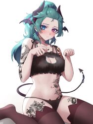 1girl arm_tattoo aruna_reaver black_horns black_nails black_panties black_tail blue_eyes breasts cat_cutout cat_ear_panties cleavage closed_mouth clothing_cutout collarbone demon_horns demon_tail earrings eyebrow_piercing eyelashes eyeshadow face_piercing green_hair heterochromia highres horns indie_virtual_youtuber jewelry leg_tattoo long_hair makeup navel panties paw_pose piercing pome0826 ponytail purple_eyes purple_eyeshadow second-party_source snake_tattoo solo stomach_tattoo tail tattoo thighhighs underwear virtual_youtuber