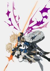 2boys albedo_(genshin_impact) black_boots black_gloves black_pants blonde_hair blue_eyes blue_shirt boots braid coat dual_persona genshin_impact gloves half_up_half_down_braid highres looking_at_another medium_hair miryuuls multiple_boys pants shirt short_sleeves white_coat