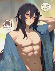 Rule 34 | 1boy, brown hair, hand in own hair, hetero, highres, hong lu (project moon), implied sex, japanese clothes, kimono, long hair, male focus, mating press, messy hair, missionary, moony (past desiderium), nipples, one eye closed, past desiderium, sex, sex from behind, sparkle, speech bubble, torso