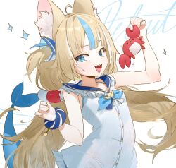 1girl blonde_hair blue_eyes blue_hair blue_streaks breasts commentary crab dress fins fish_tail highres indie_virtual_youtuber juffles long_hair looking_at_viewer multicolored_hair open_mouth revision sameko_saba scrunchie shark_girl shark_tail sleeveless sleeveless_dress small_breasts solo streaked_hair symbol-only_commentary tail upper_body virtual_youtuber white_background white_dress wrist_scrunchie