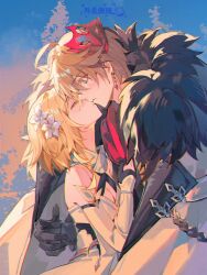 1boy 1girl arm_armor arm_around_back assertive_female bare_shoulders black_gloves blonde_hair blue_eyes breasts brown_hair cleavage closed_mouth clothes_grab coat commentary_request crystal_earrings detached_sleeves dress earrings flower from_side fur-trimmed_coat fur_trim genshin_impact gloves grey_coat hair_flower hair_ornament height_difference hetero highres imminent_kiss jewelry looking_at_another lumine_(genshin_impact) mask mask_on_head outdoors parted_lips partially_fingerless_gloves qilu_xunhua red_mask red_scarf scarf short_hair short_hair_with_long_locks tartaglia_(genshin_impact) upper_body white_dress