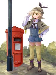 1girl absurdres blonde_hair brown_capelet capelet deerstalker h_ans_(hmn_anz) hat heaven_burns_red highres irene_redmayne lamppost outdoors postbox_(outgoing_mail) shirt short_hair solo thighhighs yellow_eyes