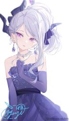 1girl absurdres backlighting bare_shoulders black_horns blue_archive blush clenched_hand commentary cowboy_shot demon_horns dress earrings elbow_gloves evening_gown eyelashes floating_earring frilled_dress frills gloves grey_hair hand_up head_tilt highres hina_(blue_archive) hina_(dress)_(blue_archive) horns jewelry long_hair looking_at_viewer multiple_horns necklace official_alternate_costume official_alternate_hairstyle open_mouth oyaji_hime parted_bangs pendant purple_dress purple_eyes purple_gloves signature simple_background slit_pupils solo strapless strapless_dress tsurime twitter_username white_background