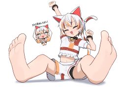 1girl absurdres animal_ears arm_up asakura_haru cat_ears cat_girl cat_tail closed_eyes commentary_request feet full_body goutokuji_mike highres multicolored_shirt multicolored_shorts multiple_views open_mouth shorts simple_background sitting solo stretching tail touhou translation_request white_background