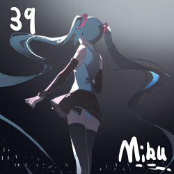 1girl 39 absurdres aqua_hair arm_tattoo black_shoes black_skirt black_sleeves boots character_name collared_shirt commentary detached_sleeves from_behind glowstick hatsune_miku highres long_sleeves number_tattoo panties penlight_(glowstick) pleated_skirt qtian shirt shoes skirt solo tattoo thigh_boots twintails underwear vocaloid white_panties white_shirt
