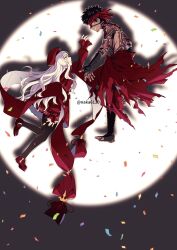 1boy 1girl angra_mainyu_(fate) bandaged_arm bandaged_leg bandages beret black_hair black_pantyhose caren_hortensia caren_hortensia_(amor_caren) caren_hortensia_(amor_caren)_(second_ascension) confetti dark-skinned_male dark_skin dress fate/grand_order fate/hollow_ataraxia fate_(series) full-body_tattoo hat headband highres nakatani_(naka6130) pantyhose profile red_dress shroud_of_magdalene tattoo twitter_username white_hair yellow_eyes