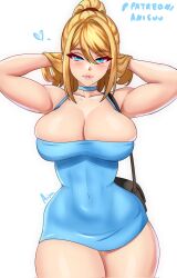 Rule 34 | 1girl, anisdrawn, black bag, blonde hair, blue dress, blue eyes, blush, breasts, choker, cleavage, dress, highres, large breasts, long hair, looking at viewer, metroid, mole, mole under mouth, nintendo, ponytail, samus aran, short dress, simple background, skin tight, smile, solo