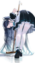 1girl absurdres apron aris_(blue_archive) aris_(maid)_(blue_archive) black_dress black_hair black_shoes blue_archive blue_eyes blush dress hairband highres long_hair looking_at_viewer maid maid_apron maid_headdress maria_(maria_rose) official_alternate_costume official_alternate_hairstyle open_mouth pantyhose ponytail shoes sidelocks solo white_apron white_hairband white_pantyhose
