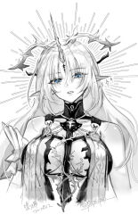 1girl absurdres bare_shoulders blue_eyes breasts collar commentary_request cropped_torso crown_of_thorns eyes_visible_through_hair fleurdelys_(wuthering_waves) highres horns jewelry large_breasts long_hair necklace parted_lips pointy_ears poipoi_poip sidelocks single_horn solo spot_color tacet_mark_(wuthering_waves) teeth twitter_username wuthering_waves