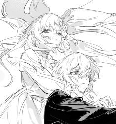 1boy 1girl dress greyscale hair_between_eyes long_hair long_sleeves monochrome original qyzhiaiyisheng short_hair sketch very_long_hair