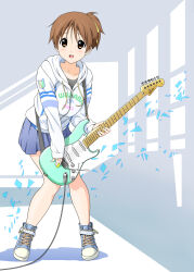 Rule 34 | 1girl, black shirt, blue shoes, blue skirt, collarbone, guitar, hirasawa ui, holding, holding guitar, holding instrument, hood, hoodie, instrument, k-on!, long sleeves, looking at viewer, medium hair, open mouth, pleated skirt, ponytail, sawanatsu mikan, shirt, shoes, short ponytail, skirt, sleeves past wrists, teeth, upper teeth only, white hoodie