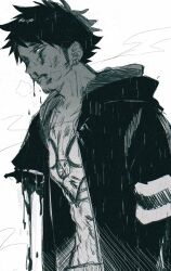 1boy abs amputee armless_amputee blood blood_drip blood_on_face chest_tattoo coat commentary_request cowboy_shot dekaidaikon earrings greyscale highres hood hood_down hooded_coat injury jewelry looking_ahead male_focus missing_limb monochrome multiple_earrings nosebleed one_piece open_clothes open_coat parted_lips piercing short_hair sideburns simple_background sketch solo standing tattoo teeth torn_clothes trafalgar_law upper_teeth_only white_background