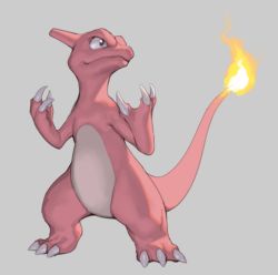 black_eyes charmeleon claws closed_mouth creature creatures_(company) fire fire flame-tipped_tail game_freak gen_1_pokemon grey_background hakai_shin nintendo no_humans pokemon pokemon_(creature) simple_background solo standing