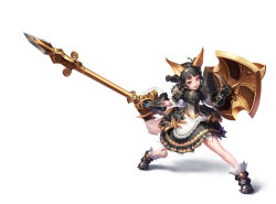 Rule 34 | 1girl, ahoge, animal ears, apron, armor, black dress, black hair, boots, braid, breastplate, brown eyes, dog ears, dog tail, dress, elin, full body, gauntlets, highres, lance, legs apart, long hair, open mouth, pauldrons, pjman, polearm, shield, shoulder armor, silver boots, simple background, solo, tail, tera online, twin braids, twintails, weapon, white apron, white background