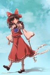 1girl :d ascot black_shoes blue_ascot blue_background bow brown_hair cloud collared_shirt commentary_request detached_sleeves frilled_bow frilled_hair_tubes frilled_shirt_collar frilled_skirt frills full_body gohei hair_bow hair_tubes hakurei_reimu highres holding holding_gohei kakera_(comona_base) long_hair long_sleeves looking_at_viewer mary_janes open_mouth red_bow red_eyes red_shirt red_skirt ribbon-trimmed_skirt ribbon-trimmed_sleeves ribbon_trim shadow shirt shoes skirt sleeveless sleeveless_shirt smile socks solo standing touhou white_socks wide_sleeves