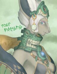 1girl aqua_headwear bare_shoulders blue_eyes body_fur breasts closed_mouth colored_eyelashes eyeshadow from_side furry furry_female green_background grey_fur hagoromo half-closed_eyes jewelry long_neck magatama makeup mihama66 mineru_(zelda) necklace nintendo one_eye_closed purple_eyeshadow shawl short_hair small_breasts smile snout solo strapless tassel the_legend_of_zelda the_legend_of_zelda:_tears_of_the_kingdom third_eye upper_body white_hair zonai