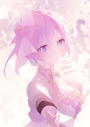 Rule 34 | 1girl, absurdres, alternate hair length, alternate hairstyle, bare shoulders, breasts, closed mouth, commentary, diamond-shaped pupils, diamond (shape), elysia (herrscher of human: ego) (honkai impact), elysia (honkai impact), esther 412, gloves, hair ornament, hand up, highres, honkai (series), honkai impact 3rd, large breasts, looking at viewer, pink hair, pink theme, purple eyes, short hair, smile, solo, symbol-shaped pupils, triquetra, upper body, white gloves