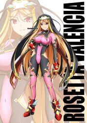 1girl absurdres blonde_hair bodysuit breasts character_name covered_navel fingerless_gloves full_body gloves hand_on_own_hip highres large_breasts long_hair looking_at_viewer original oshimaru026 red_eyes smile solo standing very_long_hair zoom_layer