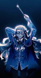 Rule 34 | 1boy, absurdres, androgynous, argalia (project moon), arm above head, arms up, ascot, backlighting, black pants, blue background, blue cape, blue jacket, cape, chromatic aberration, closed eyes, commentary, conductor baton, ear ornament, english commentary, floating hair, glint, gloves, glowing, gold trim, hand over face, heavy chromatic aberration, highres, jacket, lawrece, library of ruina, light particles, light smile, long hair, long sleeves, making-of available, male focus, ouji fashion, pants, project moon, sidelocks, simple background, skinny, smile, solo, thigh gap, variant set, very long hair, white ascot, white hair, wingtip collar