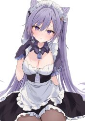 1girl alternate_costume apron black_dress brown_pantyhose cone_hair_bun double_bun dress enmaided frilled_apron frilled_dress frilled_gloves frills genshin_impact gloves hair_bun highres keqing_(genshin_impact) long_hair looking_at_viewer maid maid_apron maid_headdress maruro pantyhose purple_eyes purple_gloves purple_hair simple_background sitting solo twintails waist_apron white_apron white_background
