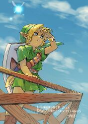 1boy 2023 against_railing belt blonde_hair blue_eyes blue_sky boots bracelet covering_own_eyes dutch_angle fairy from_below hat jat jewelry link navi nintendo outdoors pointy_ears railing shield shield_on_back shrub_mtg sky solo sword the_legend_of_zelda the_legend_of_zelda:_ocarina_of_time tunic weapon