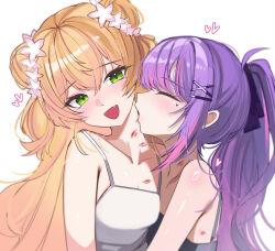 2girls alternate_costume arm_on_another&#039;s_shoulder black_camisole blonde_hair blush breasts camisole cleavage closed_eyes collarbone commentary double_bun english_commentary facial_mark fang flower from_side gradient_hair green_eyes hair_bun hair_flower hair_ornament hair_ribbon hairclip head_tilt heart heart_facial_mark high_ponytail highres hololive hug_from_side kiss kissing_neck kkato lipstick_mark lipstick_mark_on_chest lipstick_mark_on_neck long_hair looking_at_viewer mark_under_eye momosuzu_nene multicolored_hair multiple_girls official_alternate_hairstyle open_mouth pink_flower pink_hair ponytail purple_hair purple_ribbon ribbon saliva_on_neck simple_background streaked_hair tokoyami_towa virtual_youtuber white_background white_camisole x_hair_ornament yuri