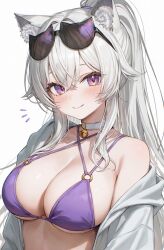 1girl animal_ear_fluff animal_ears bare_shoulders bell bikini blush breasts cat-shaped_eyewear cat_ears cat_girl choker cleavage commentary commission criss-cross_halter crossed_bangs english_commentary eyewear_on_head foame hair_between_eyes halterneck highres indie_virtual_youtuber jacket jingle_bell large_breasts long_hair looking_at_viewer notice_lines nyx_nekota o-ring o-ring_bikini off_shoulder open_clothes open_jacket purple_bikini purple_eyes sidelocks simple_background smile solo sunglasses swimsuit tinted_eyewear upper_body very_long_hair virtual_youtuber white_background white_choker white_hair white_jacket