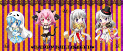 4girls :d animal animal_around_neck animal_ears animal_hands arch_bishop_(ragnarok_online) argyle_clothes argyle_dress black_hat black_skirt blue_dress blue_eyes blue_hair blush breasts candy cat_ears cat_girl cat_tail closed_mouth commentary_request cross detached_sleeves dress food fox full_body ghost_costume gloves guillotine_cross_(ragnarok_online) halloween happy_halloween hat juliet_sleeves large_breasts long_hair long_sleeves looking_at_viewer meruya_(catcan) multiple_girls open_mouth orange_background paw_gloves pelvic_curtain pink_eyes pink_hair pointy_ears professor_(ragnarok_online) puffy_sleeves purple_eyes ragnarok_online sheet_ghost short_hair side_slit skirt sleeveless sleeveless_dress smile sorcerer_(ragnarok_online) striped_background striped_sleeves tail top_hat two-tone_dress white_dress white_hair white_sleeves wrapped_candy