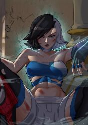 1girl absurdres black_hair black_jacket blood blue_eyes breasts choker crop_top gloves hayashidraws heterochromia highres jacket luna_snow marvel marvel_rivals midriff multicolored_hair navel short_hair shorts spider-man spider-man_(series) split-color_hair two-tone_hair white_hair