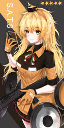 1girl absurdres action_camera black_shirt blonde_hair breasts cellphone character_name collared_shirt fabarm_sat-8 girls&#039;_frontline gloves green_eyes gun hairband highres holding holding_gun holding_phone holding_weapon iphone iphone_11_pro italian_flag iznal large_breasts long_hair looking_at_phone messy_hair orange_gloves orange_hairband orange_shirt phone pleated_skirt print_ribbon ribbon s.a.t.8_(girls&#039;_frontline) shield_module shirt shotgun skirt sleeves_rolled_up smartphone smile solo star_(symbol) trigger_discipline very_long_hair video_camera weapon