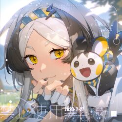 1girl 2023 artist_name black_hair black_nails blue_choker blue_hairband blurry blurry_background charm_(object) choker closed_mouth cross-shaped_pupils dated emolga fingerless_gloves gen_5_pokemon gloves hair_ornament hairband hand_on_own_face highres lightning_bolt lightning_bolt_hair_ornament lightning_bolt_symbol long_hair looking_at_viewer multicolored_hair nintendo on_shoulder original pabuk5w parted_bangs pokemon pokemon_(creature) pokemon_on_shoulder portrait smile streaked_hair symbol-shaped_pupils two-tone_hair two-tone_hairband watermark web_address weibo_username white_gloves white_hair yellow_eyes yellow_hairband