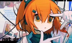 1girl @_@ a.i._voice adachi_rei black_shirt camera finger_frame hair_between_eyes hair_ribbon headlamp headphones headset highres jacket letterboxed looking_ahead microphone open_mouth orange_eyes orange_hair portrait ribbon shirt solo television utau white_background white_jacket white_ribbon zhuiyelianji